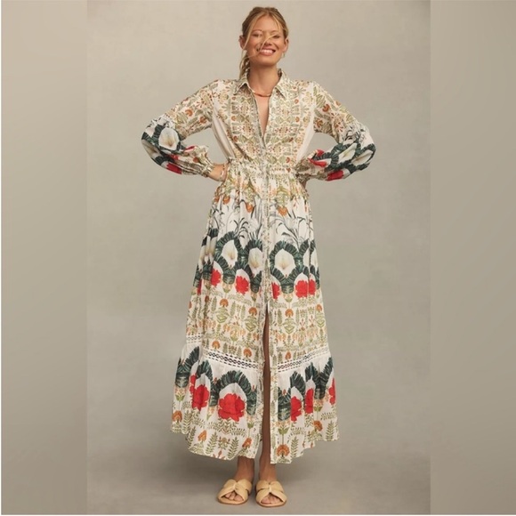 Anthropologie Dresses & Skirts - Anthropologie Boho Floral Tiered Maxi Dress in Cream with Red & Green Accents